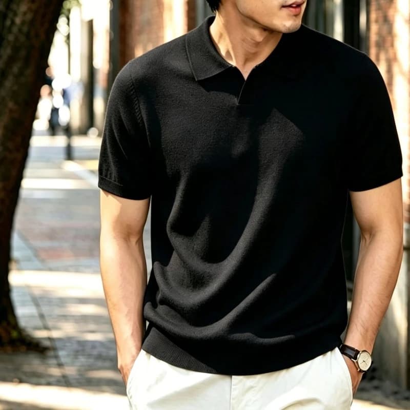 Men's Summer Solid Color Knitted Polo Shirt Breathable Slimming T-shirt