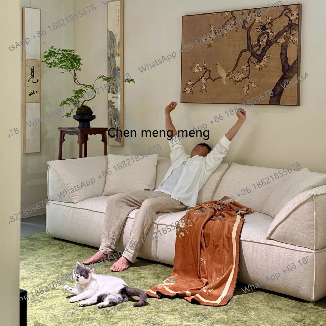 Medieval Wabi Sansan Fenglifa B & B Living room Small apartment Straight row three-person fabric minimalist sofa
