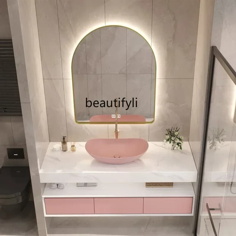 yj9 Stone Plate Double Laer Bathroom Cabinet Combination Solid Wood Washbasin Bathroom Washstand Sink Table Basin