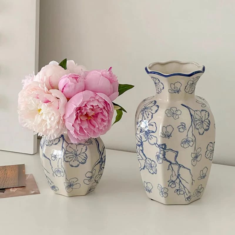 Blue and White Porcelain Ceramic Vases Chinese Vintage Plant Vase for Home Living Room Flower Vases Creative Home Decor Crafts