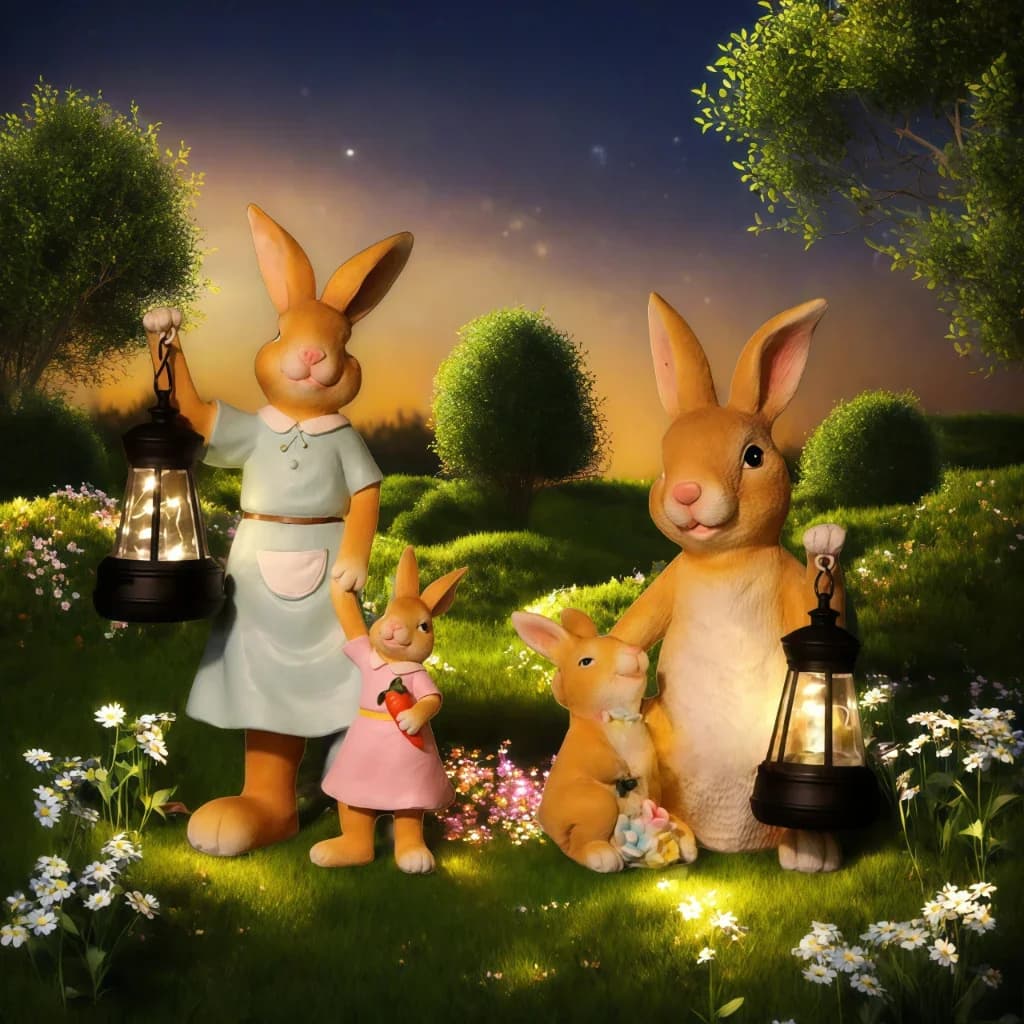 Solar Resin Rabbit Family Lantern Ornament Rural Style Garden Balcony Courtyard Decorative Sculpture for Atmosphere Arrangement
