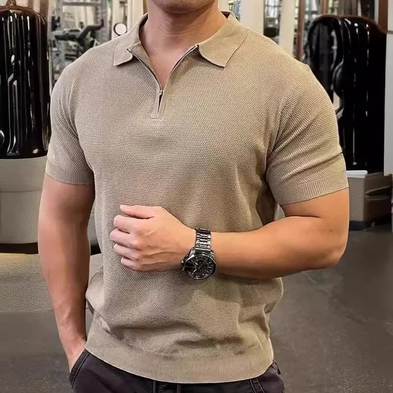 High-quality Semi-zipper Ice Silk Knitted Sweater Summer Fashion Simple Slimming T-shirt Light Mature Style Thin Short-sleeved