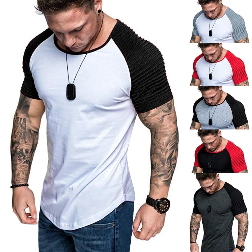Tops Tees Contrast Color Pleated Raglan Short Sleeve T-shirts Trendy Youth Tshirt Sport Workout Camisetas Casual Mens Streetwear