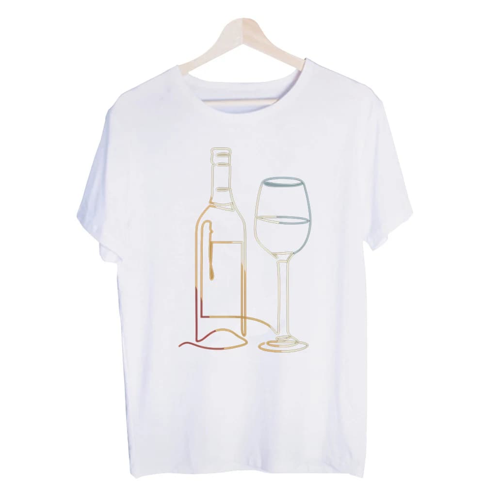 Men's Wine Bottle and Glass Line Art Graphic Tee, Short Sleeve Crew Neck T-Shirt for Casual Daily Wear and Evening Gatherings