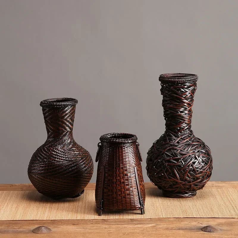 Chinese Zen Plant Vase Handwoven Bamboo Basket for Flower Arrangement Decorative Vessel with Inner Tank Home Decor Artistic