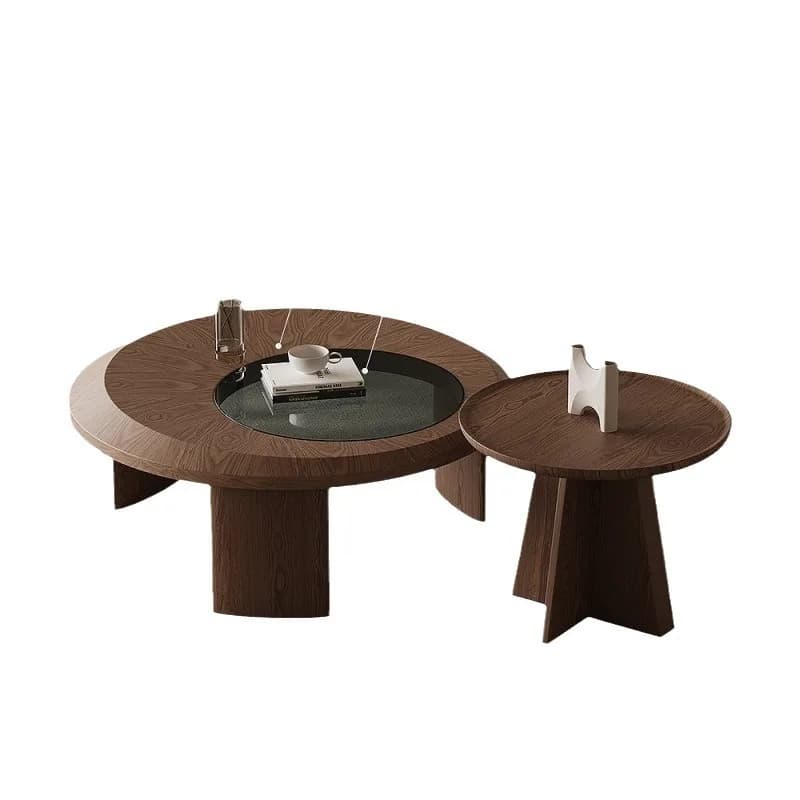 Large and small round coffee table combination walnut leather tempered glass smoked color coffee table