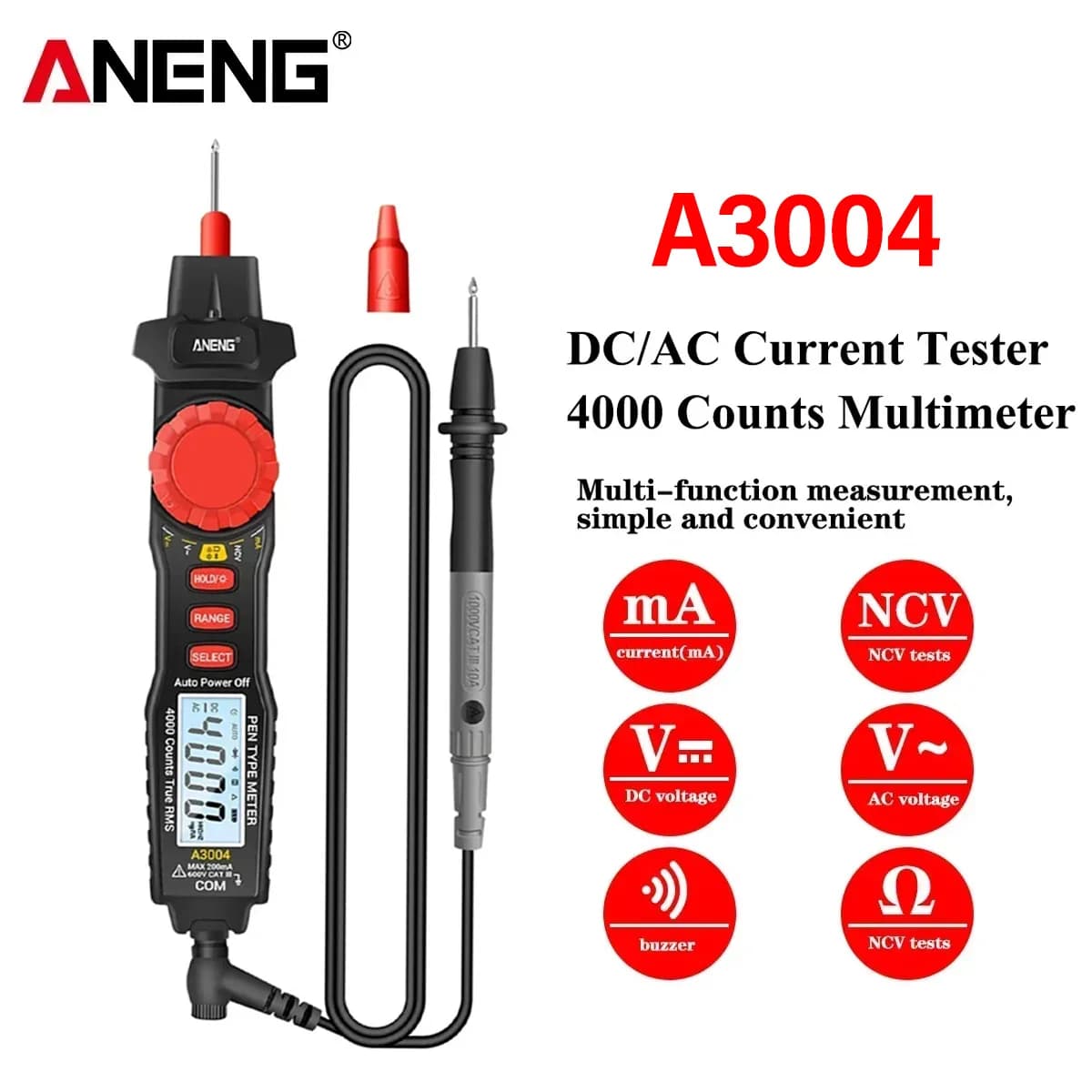 ANENG A3004 Digital Pen type Multimeter 4000 Counts AC/DC Current Voltage Test NCV Capacitance Resistance Diode Ohm Tester Tools