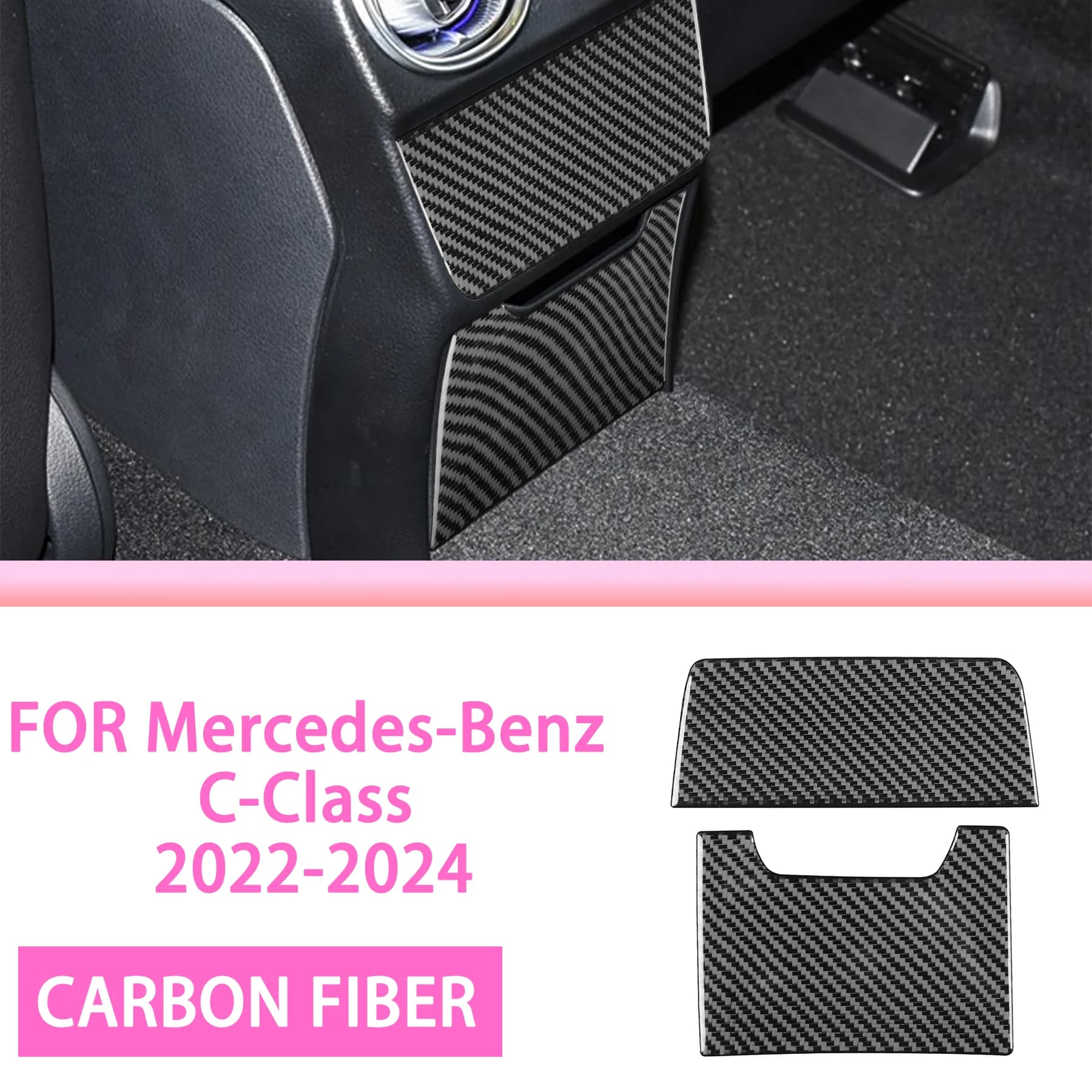 FOR Mercedes-Benz C-Class 2022-2024 Carbon Fiber Car Rear Central Storage Compartment Decoration Interior Accessories Sticker