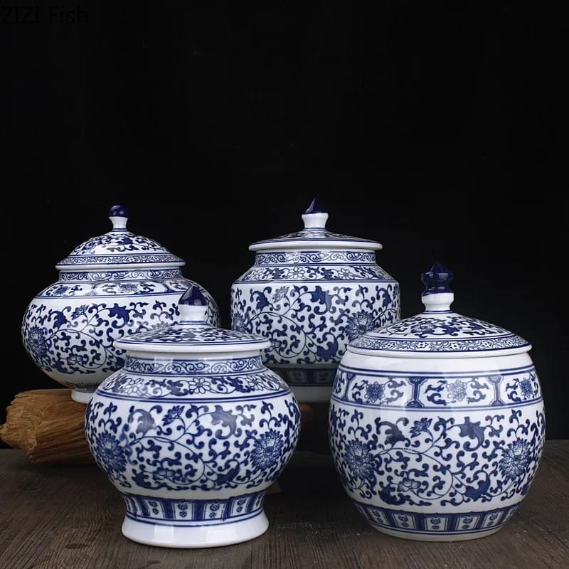 Ceramic Blue White Porcelain Storage Tank with Lid Living Room Entrance Decoration Tea Pot Candy Small Object Family Storage Jar