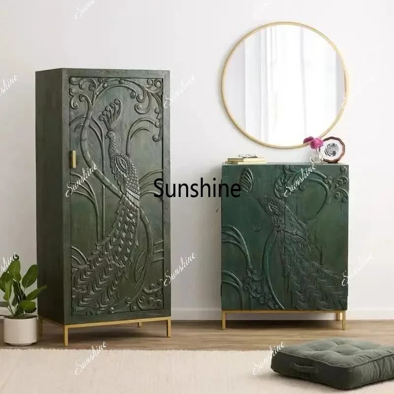 French retro locker American peacock carved single door porch storage cabinet shoe cabinet antique home decoration cabinet  FT