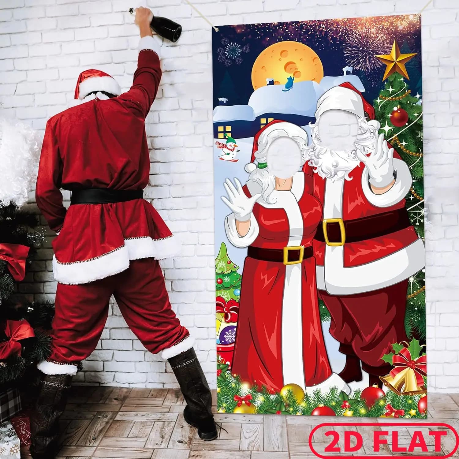 1pc Christmas Couple Santa Claus Party Banner, Party Backdrop Decorations Christmas Face in Hole Photo Props Door Cover
