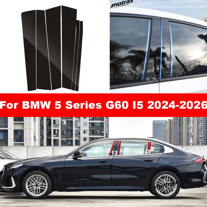 For BMW 5 Series G60 I5 2024 2025 2026 Car Glossy Window Door Column B C Pillar Post Cover Glossy Black Carbon Fiber PC Sticker