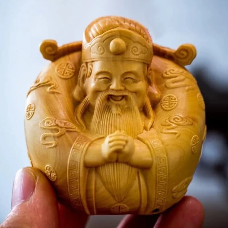 Solid Wood God of Fortune Sculpture Traditional Oriental Wealth Attractor Mini Statue Home Office Decor