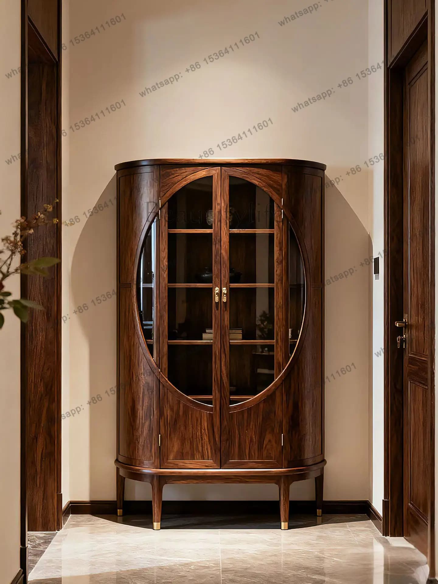 New Chinese North American black walnut bookcase semi-circular curved display case