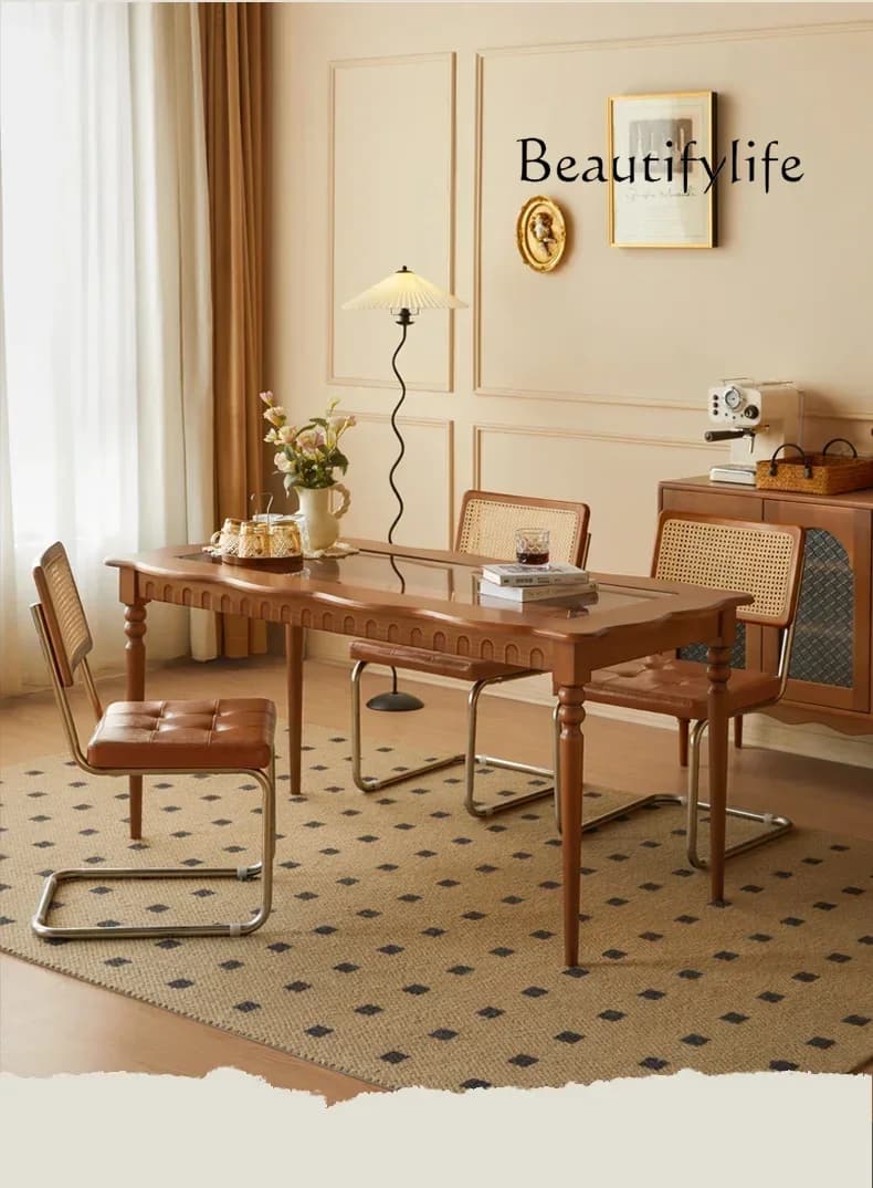 P Solid Wood Dining Table French Retro Small Apartment Stone Plate American Square Dining Table Dining Tables and Chairs Set