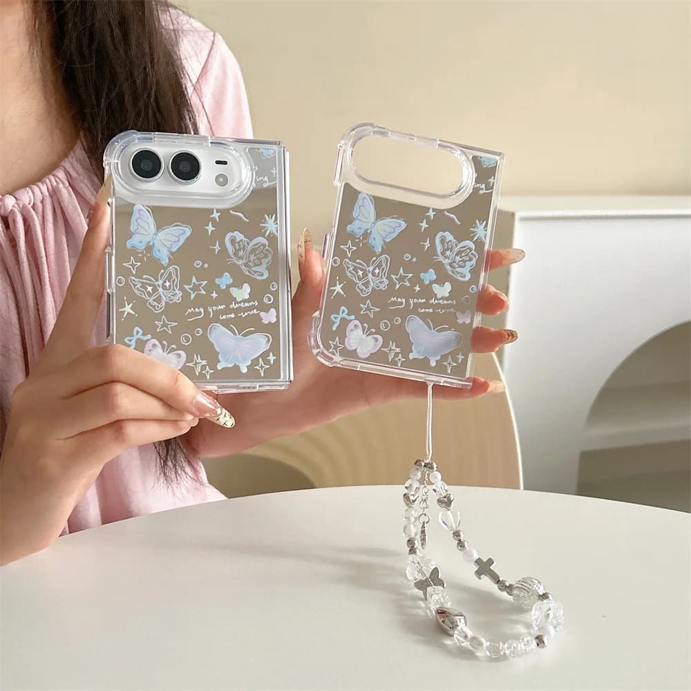 New Korea Cartoon Mirror Colored butterfly Phone Case For iPhone Duo Foldable Protective Cover Cute Cases Shockproof with Chain