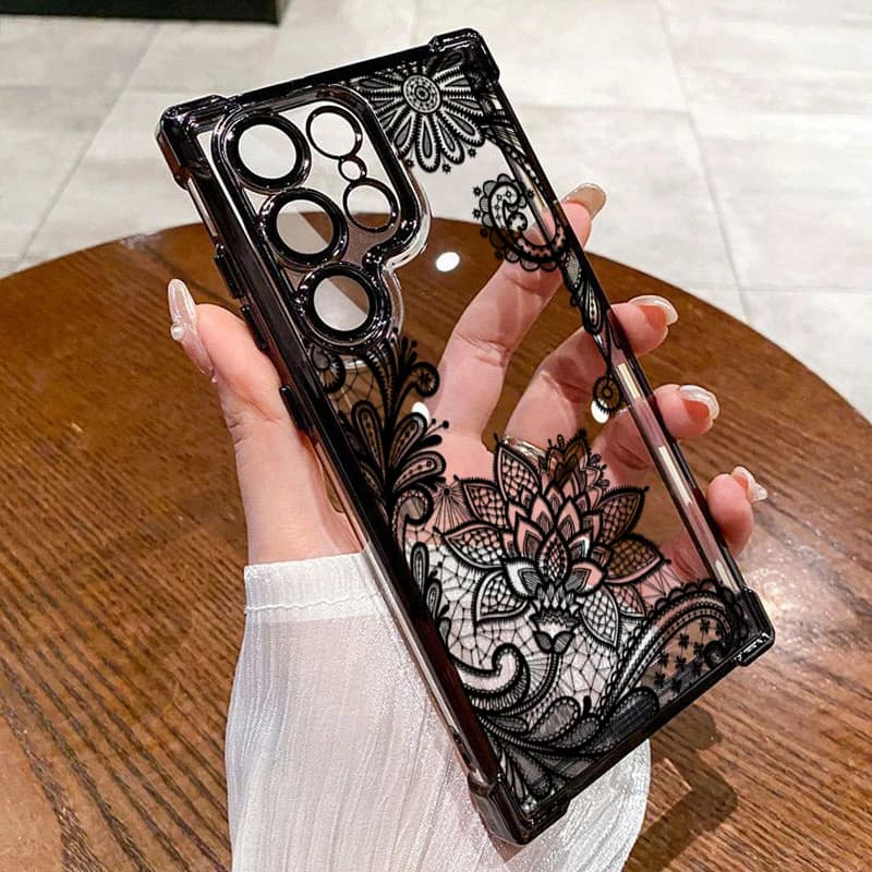 Trendy Black Lace Flower Pattern Phone Case for Samsung Galaxy S25 S24 S22 S23 S21Ultra FE Plus A36 A53 A35 A55 A54 A34 5G Cover