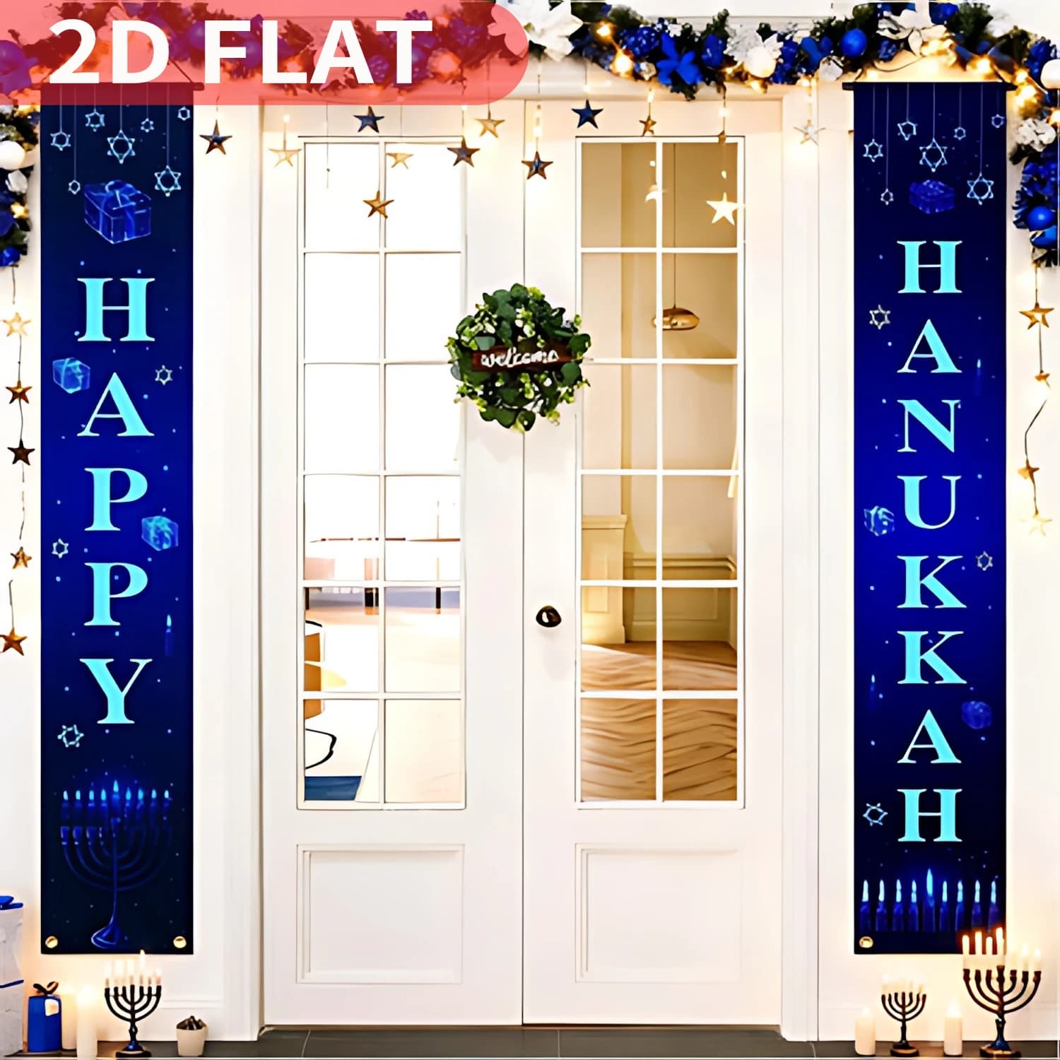 1pair Happy Hanukkah Banner, Chanukah Decorations, 1x6FT, Durable Polyester, Porch Hanging Blue White Welcome Sign