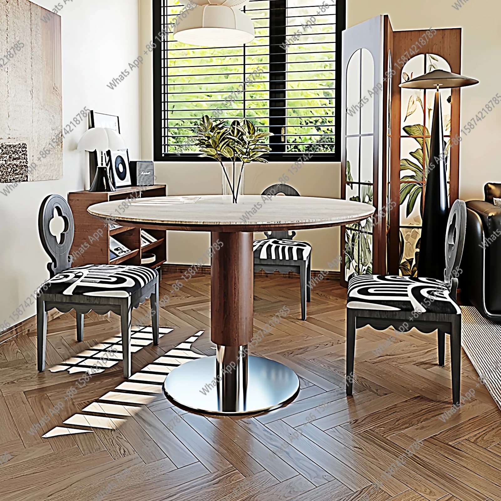 French retro medieval dining table round travertine rock slab dining table household small apartment table solid wood