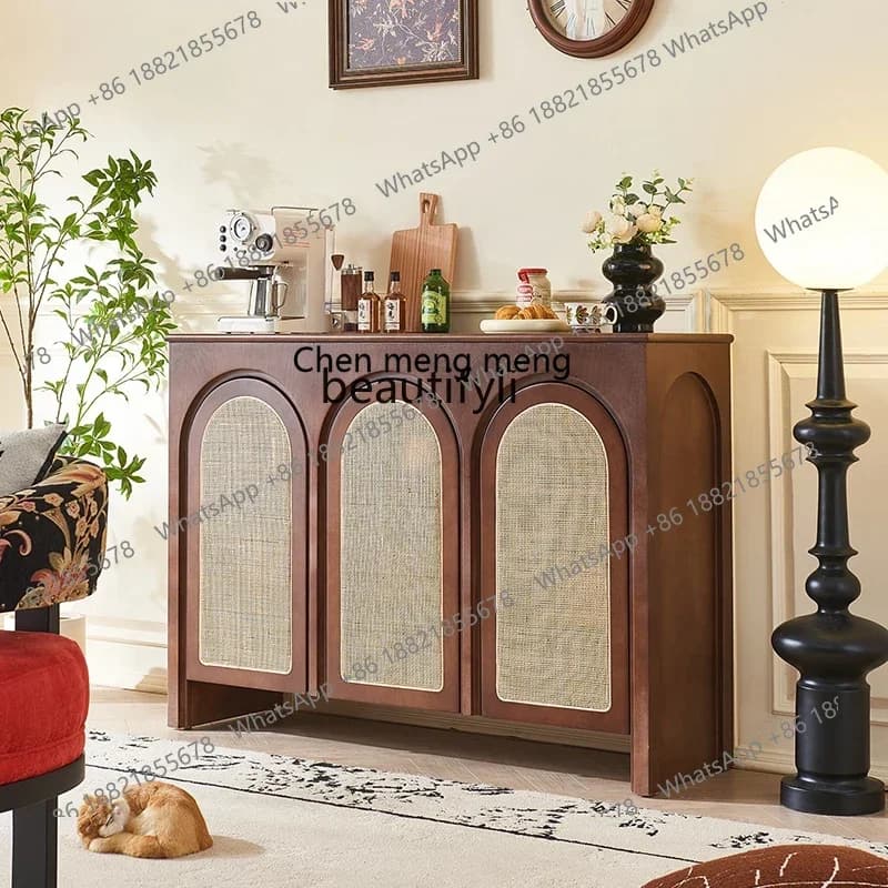 xzFrench retro solid wood dining side cabinet integrated storage against the wall Entrance cabinet foyer tea cabinet