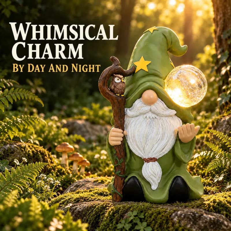 Solar LED Garden Gnome Statue Illuminated Wizard With Magic Ball Staff Owl Outdoor Lawn Yard Halloween Decoration Resin Gift