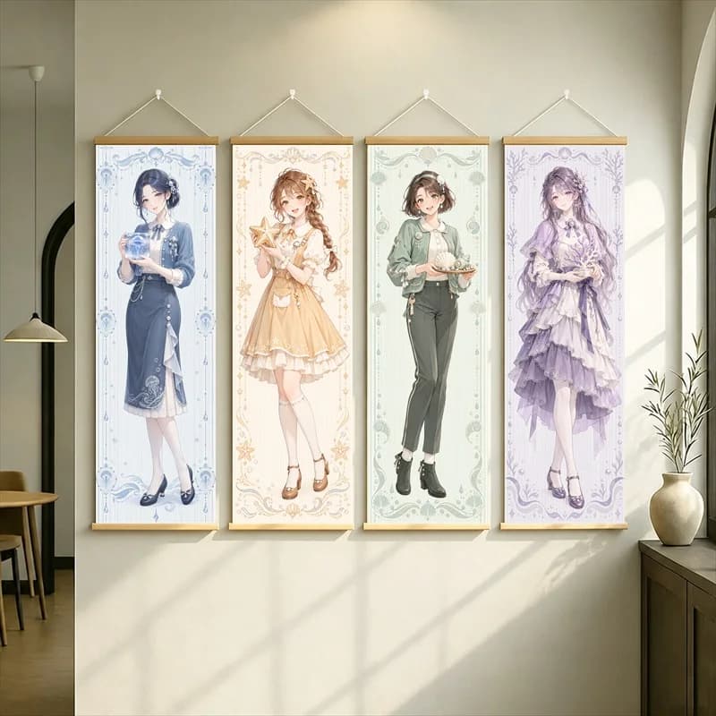Anime Women in Blue, Peach, Green and Lavender Outfits Hanging Scroll with Delicate Floral Borders for a Reading Nook