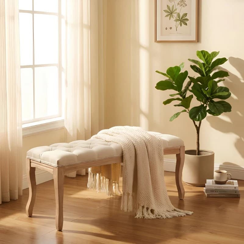Linen upholstered bench vintage solid wood legs bed bench bedroom living room
