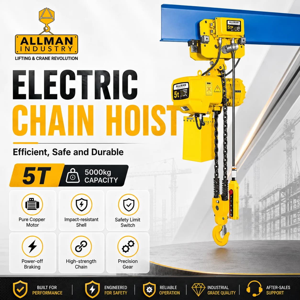 ALLMAN CE 5T 380V Trolley Type Hook Type Electric Chain Hoist for Material Lifting
