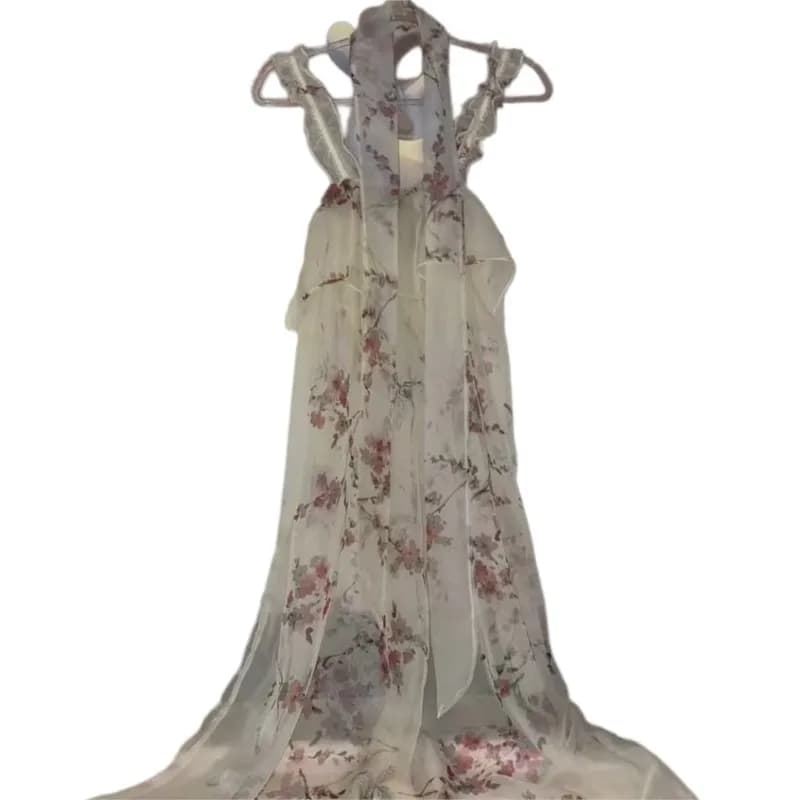 Transparent Floral Print Ruffles Suspender Dress Loose Maxi Dress Plus Size Pajamas Robe Sexy Soft Silky Night Dress