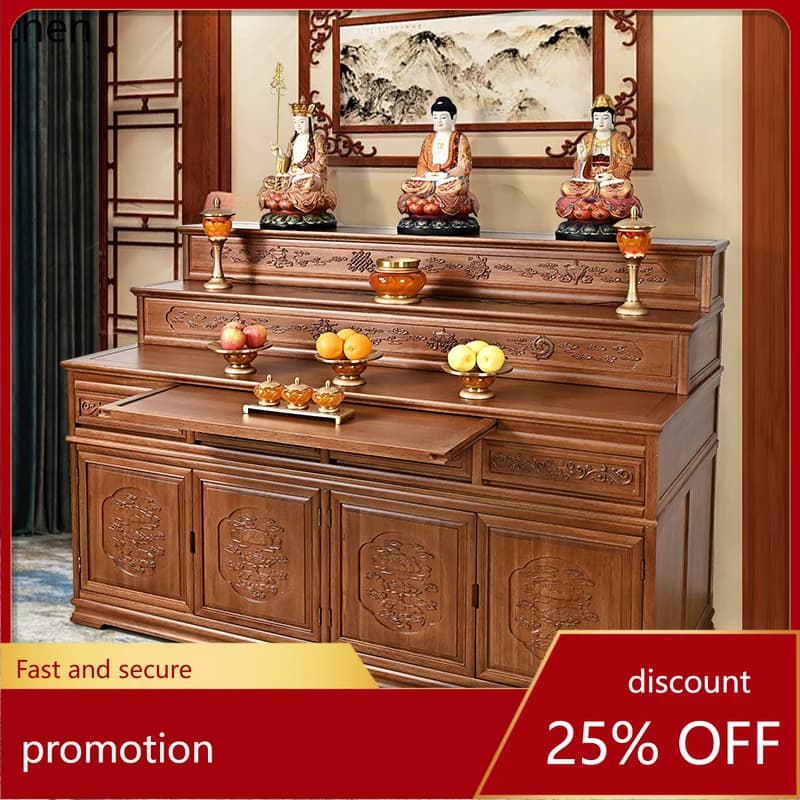 CZ Three-Layer Solid Wood Offering Table Buddha Altar Offering Table for Home Living Room Temple Tibetan Style