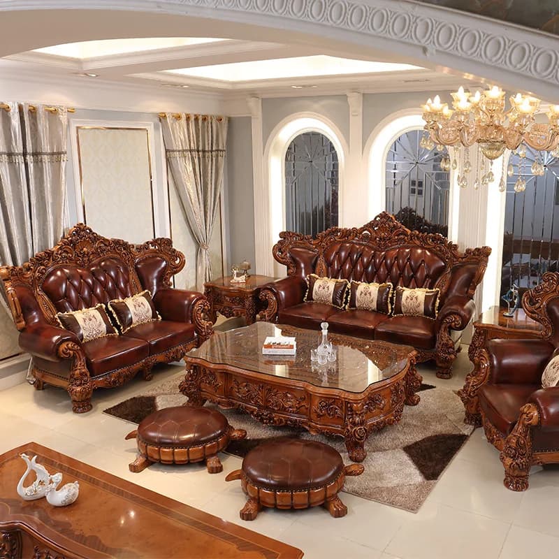 HYS European-style genuine leather sofa, solid wood carved high-end vintage living room luxury villa furniture, complete new set