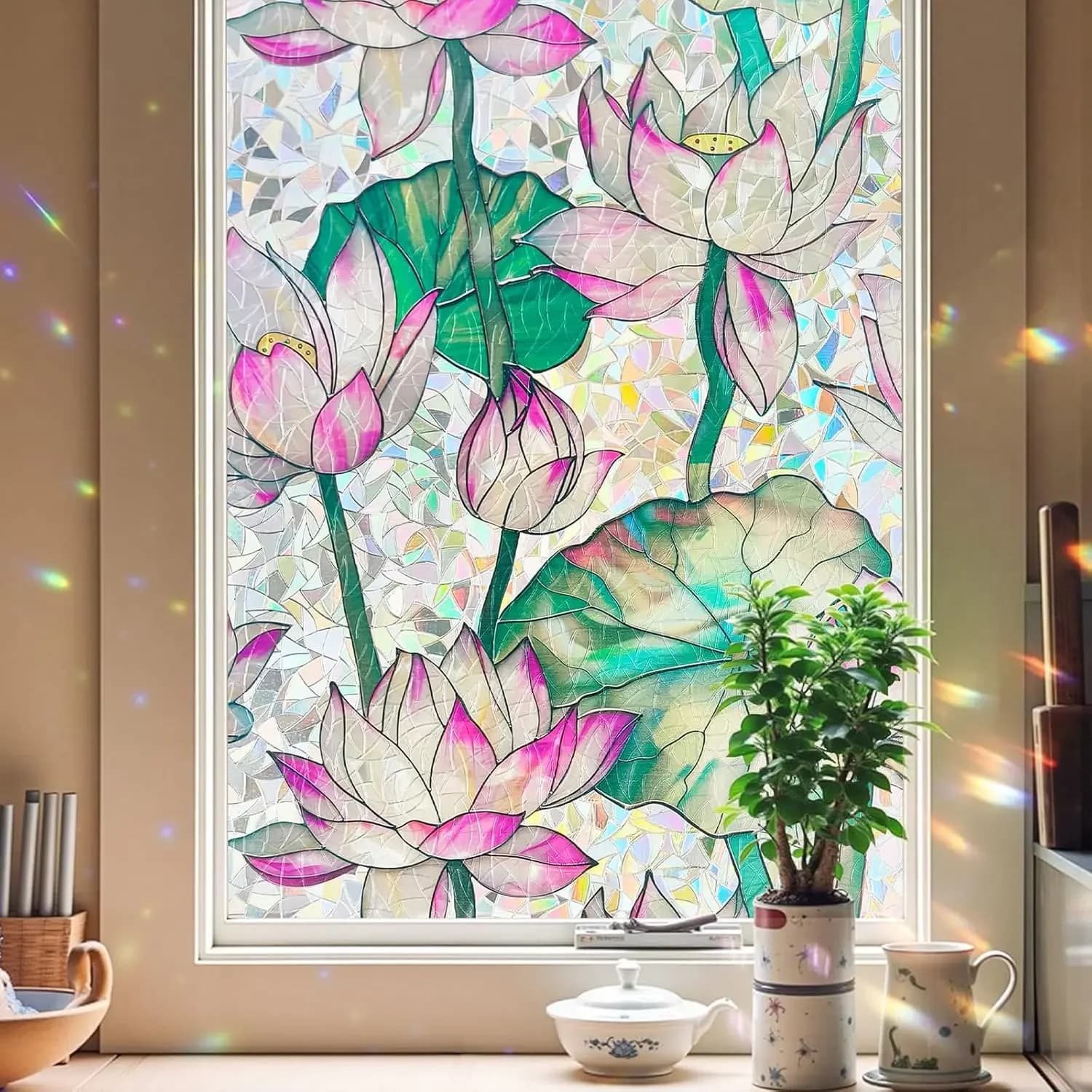 Lotus Rainbow Window Privacy Film Static Cling Removable Sun Block Vinyl Decal For Kitchen Bedroom Living Room Glass Windowsw23
