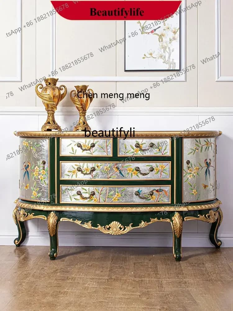 D178 Y zq Solid Wood Entrance Hall Entrance Cabinet American Storage Sideboard Retro Curio Cabinet Carved Painted Half round Cab