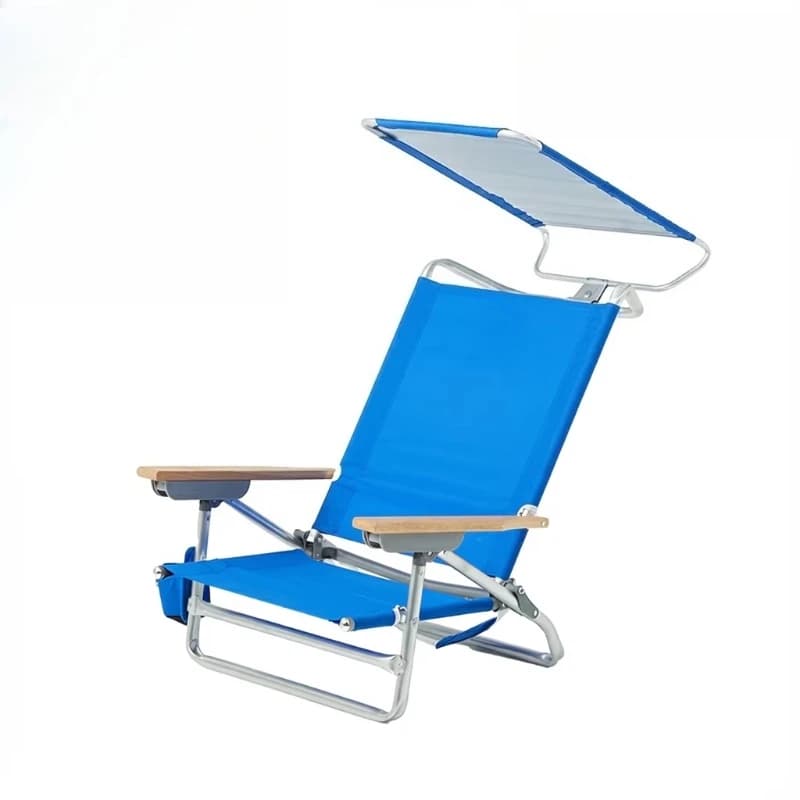 5-Position adjustable folding beach chair with wooden armrests and UV-protected awning