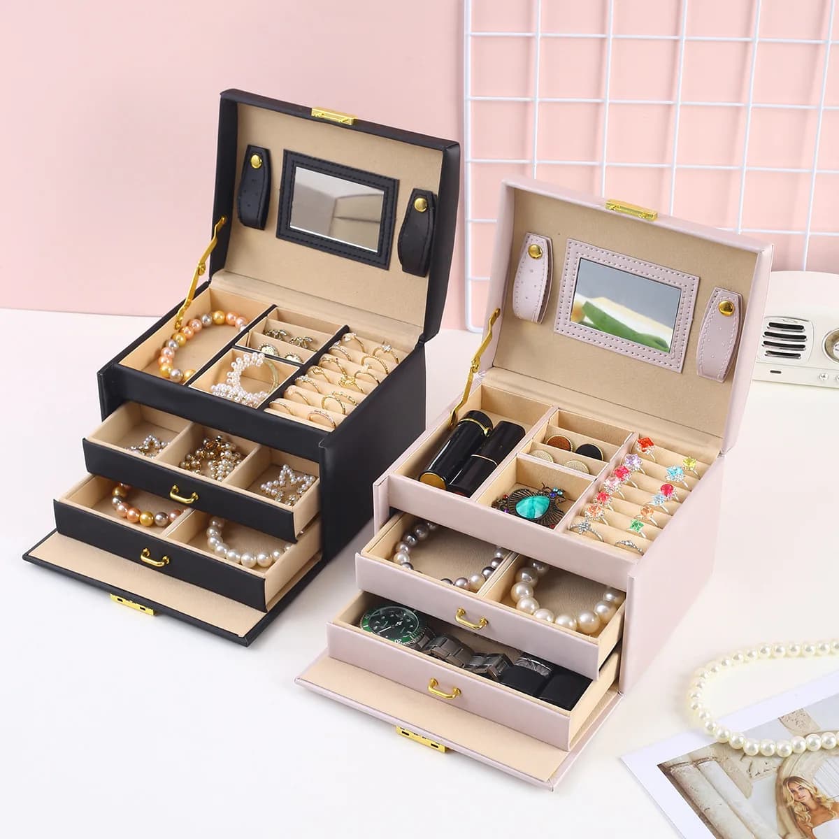 Portable jewelry storage box, three-layer ring jewelry case, drawer-type necklace accessory display