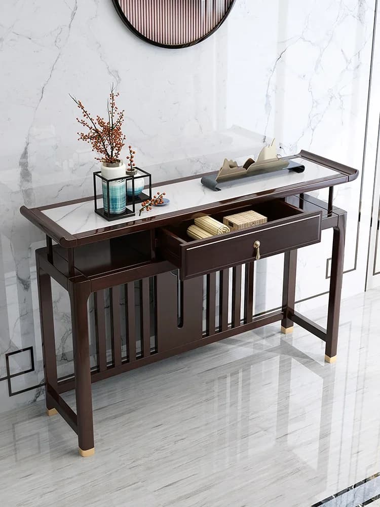 c9.21-New Chinese Solid Wood Stone Plate Console Tables Wall Entrance Cabinet Home Decoration Console