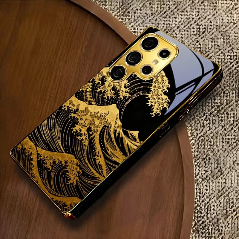 Gold Ukiyo-e Wave Electroplated Golden Phone Case For Samsung A12 A22 A32 A42 A52 A72 A13 A36 A56 07 A17 A37 57 Glass Back Cover