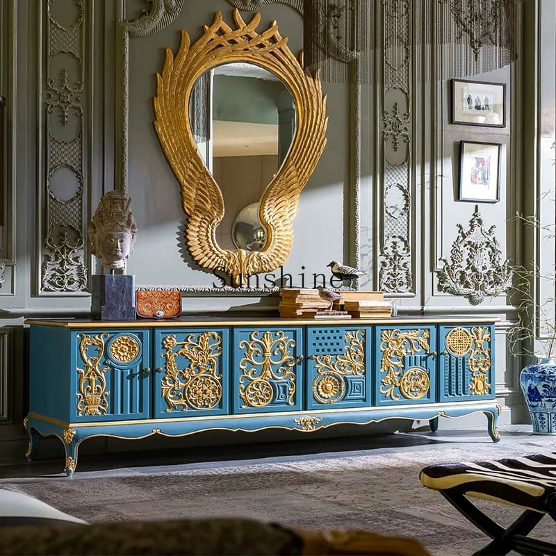 French solid wood carving flower gold TV cabinet high-end, retro porch storage, high large apartment villa