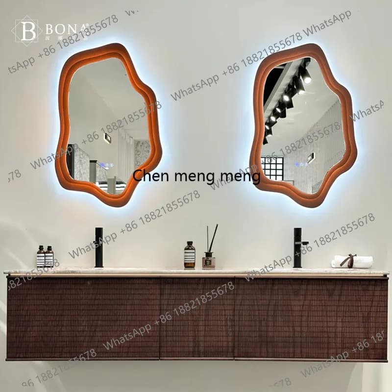 Simple designer solid wood bathroom cabinet marble countertop special-shaped mirror double basin bathroom