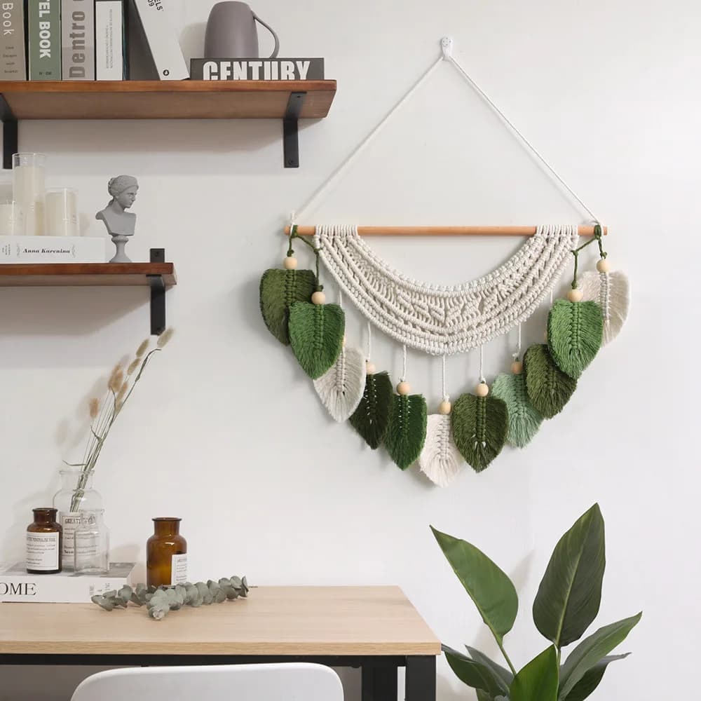 Two Models Handmade Macrame Wall Hanging Tapestry Green Leaf Woven Boho Wall Decor for Living Room Bedroom Home Decoration