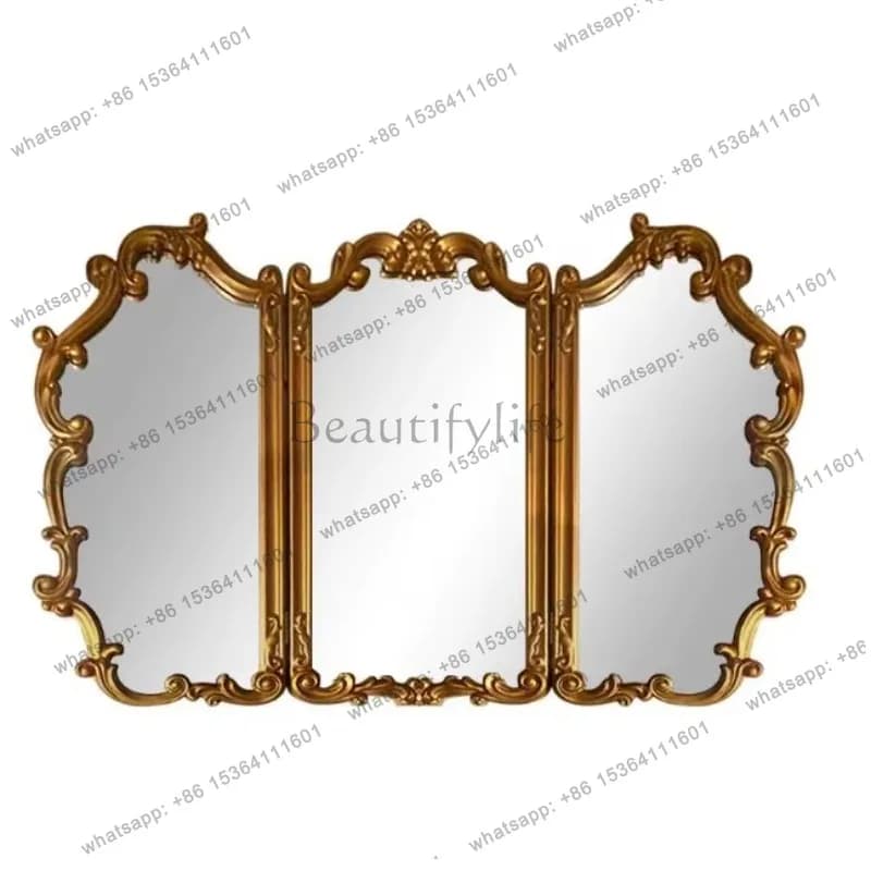 YJ French Triple Folding Mirror Vintage Fireplace Decor European Vanity Mirror for Bedroom Bathroom Desk