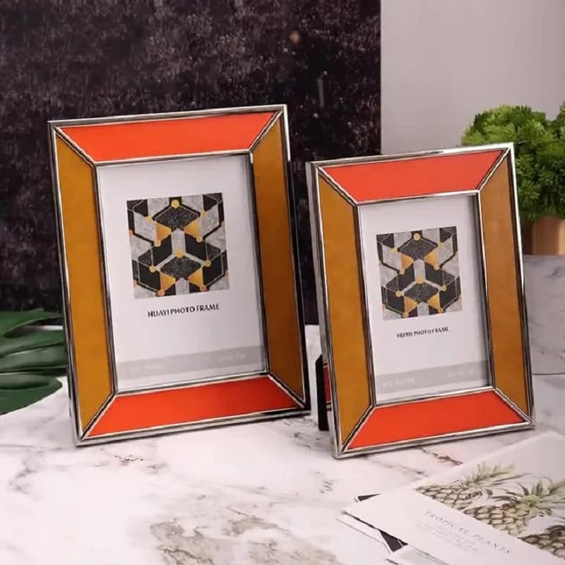 Luxury Modern Photo Frame - 6 Inch & 7 Inch Metal Border Dual Color Leather Accent Tabletop Décor for Bedroom