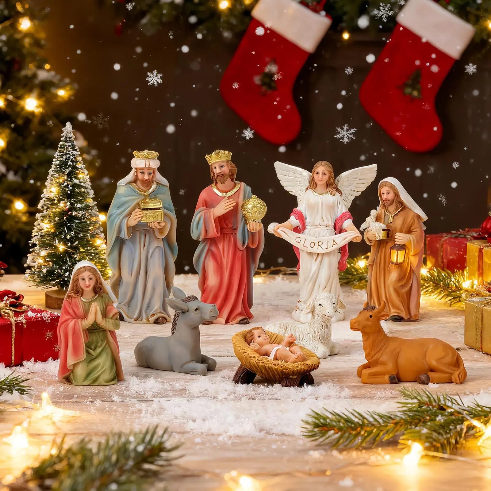【Hot】Christmas Nativity Scene Christmas Decorations Religious Jesus Figurines Manger Holy Family Statue Nativity Scene Set For I