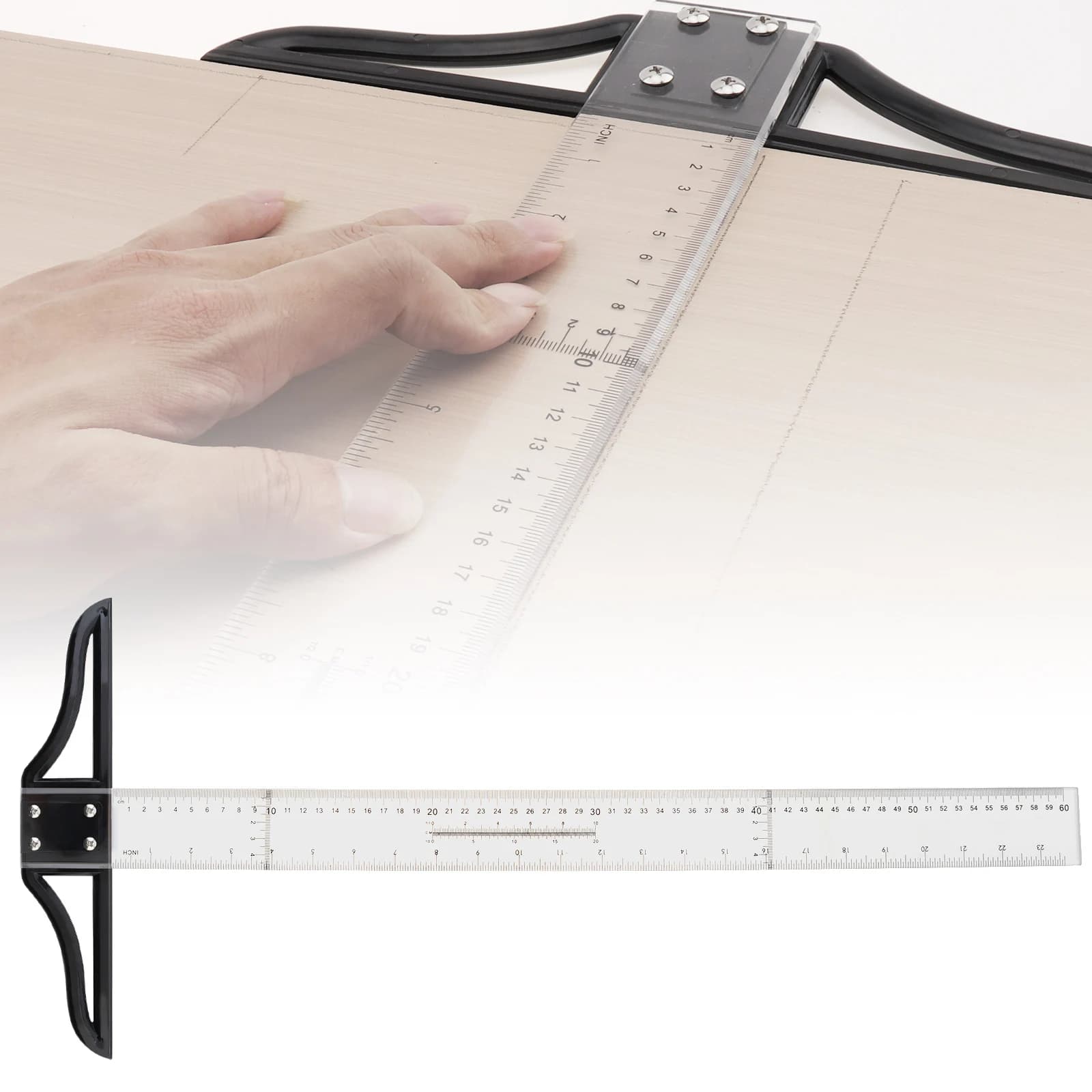 60cm 23.6 inch Acrylic T Square Ruler Carpenty Imperial Metric Scale Measuring Marking Scribing Ruler Art Framing Drafting Tool