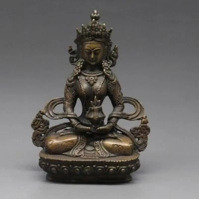 12.5cm Antique Bronze Amitayus Buddha Statue Tibetan Buddhism Longevity Buddha Lotus Seat Home Altar Worship Decor