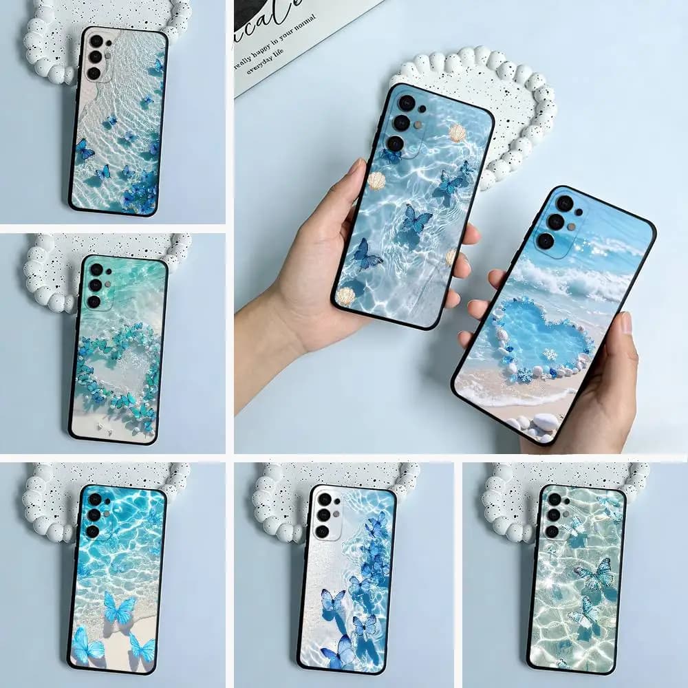 Blue Butterfly Ocean wave  Black Soft Silicone Phone Case for Samsung S25, S24, S21, S22, S23, S30, Ultra, S20, Plus, FE, Lite