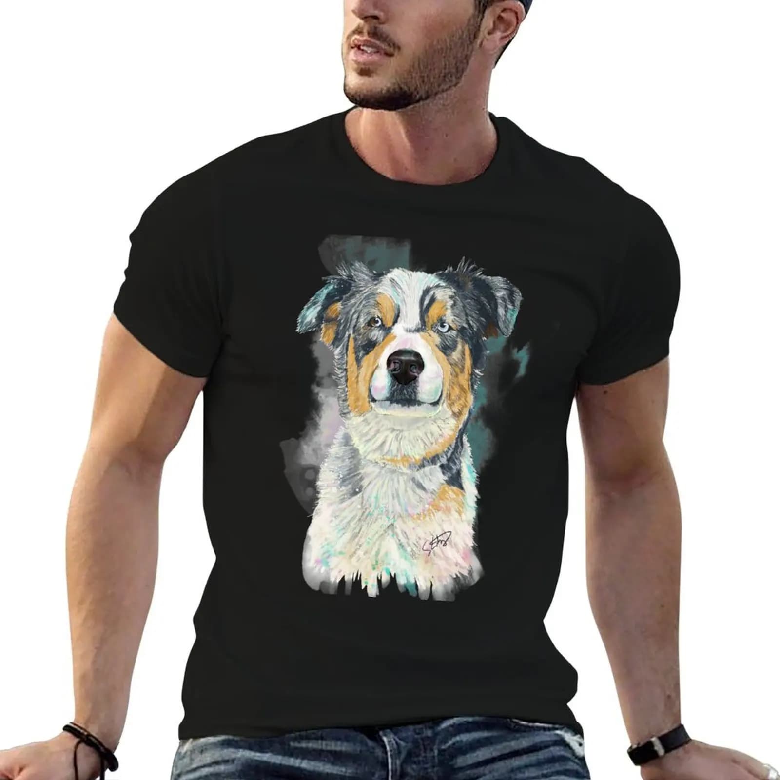 Swinney the Australian Shepherd Splash Watercolor T-Shirt sublime affliction shirts mens t shirt