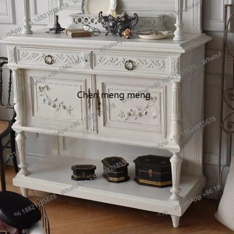 E182 French white vintage sideboard small apartment solid wood carved shelf wall storage cabinet