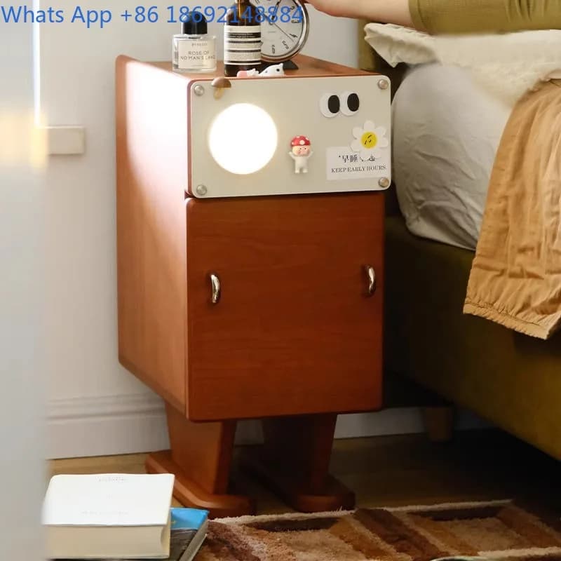 French Vintage Style Ultra-Narrow Bedside Table Retro Small Apartment Solid Wood Ash Side Table Storage Cabinet