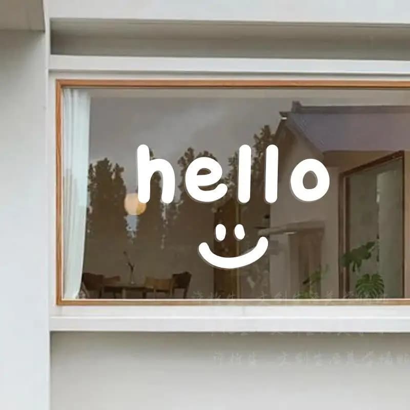 Smiling Face Stickers Hello English Welcome Coffee Dessert Hotel Clothing Store Window Glass Door Anti Collision Wall Posters